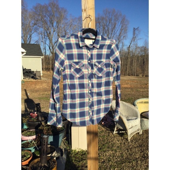 Abercrombie & Fitch womens flannel button up shirt size medium M plaid blue pink - Picture 1 of 9